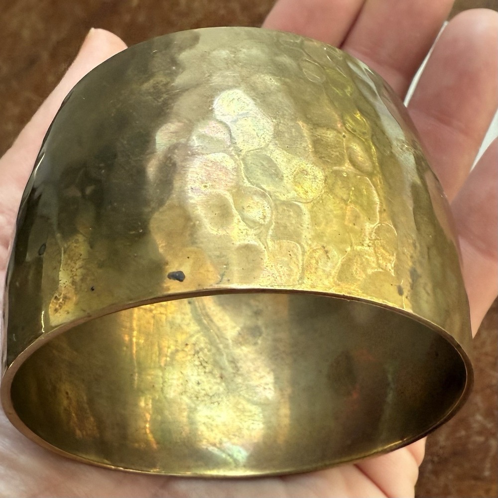 Vintage Hammered Brass Closed Cuff Bangle Bracelet 1 3/4" Tall Boho Minimalist
